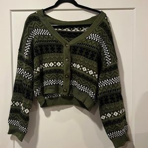 ROMWE Green Geo Patterned Striped Cropped Cardigan